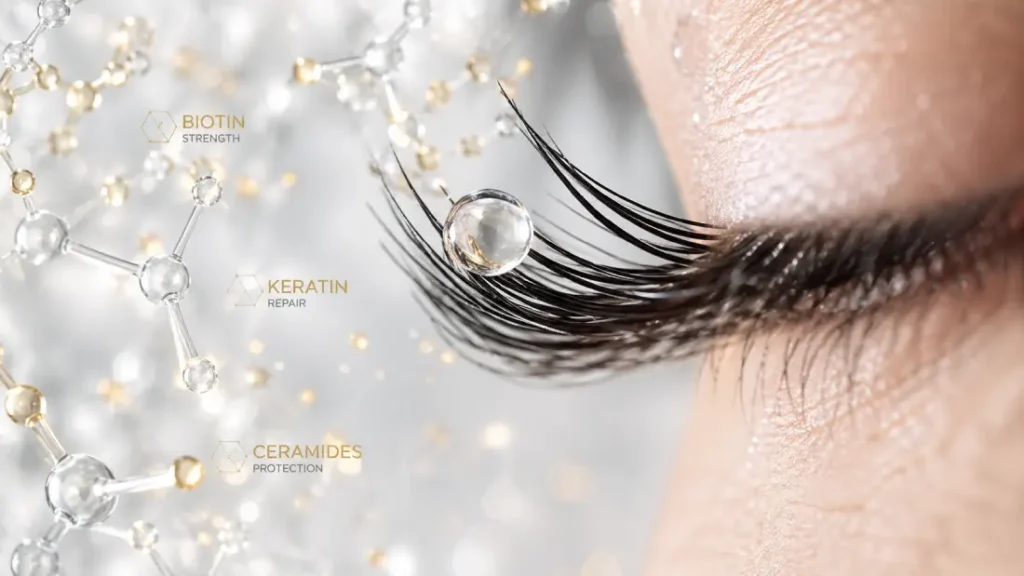 Makrofotografija zdravih trepavica sa kapljicom seruma koji sadrži biotin i keratin za poboljšanje volumena. Vizuelni prikaz delovanja Hexapeptide-11 na jačanje kolagena i elastina u dlaci i ceramida za dubinsku hidrataciju i obnovu strukture trepavica.