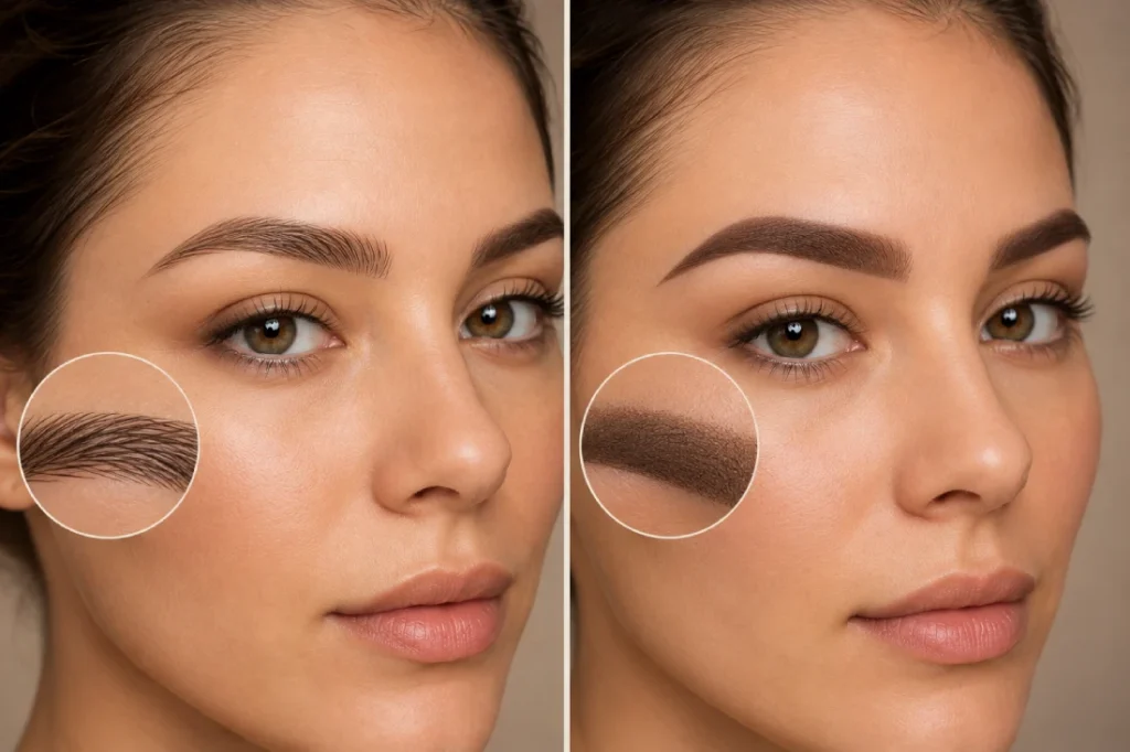 Microblading ili powder brows – koja tehnika je prava za vas? powder brows vs microblading close up