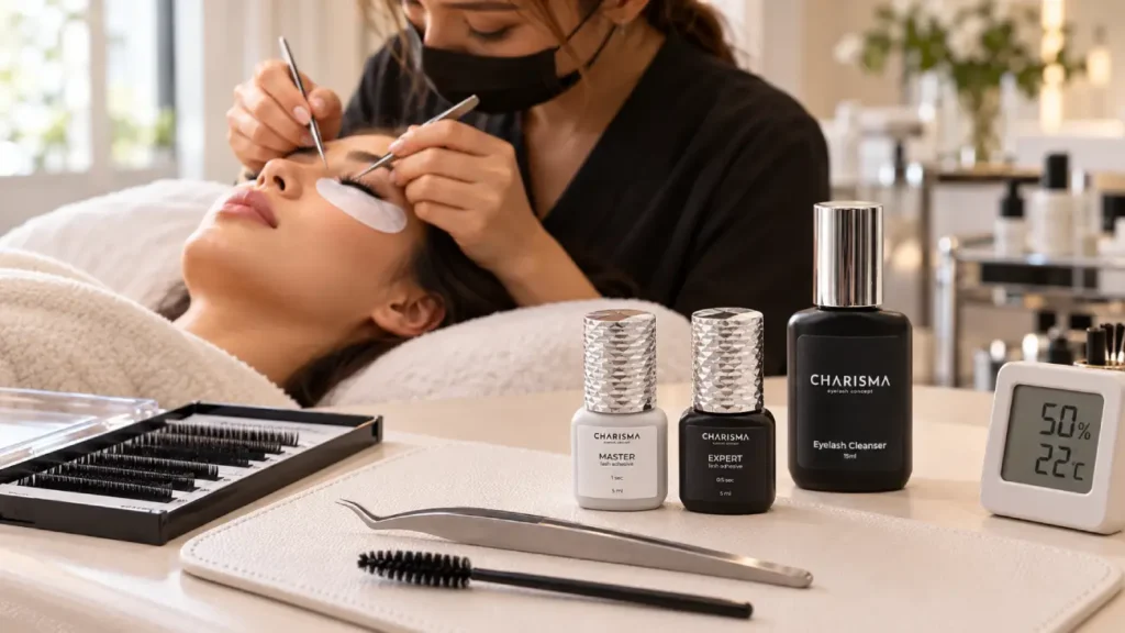 Zašto ekstenzije trepavica otpadaju: 7 stvarnih razloga Charisma EXPERT i MASTER lepkovi i Eyelash Cleanser na radnom stolu tokom nadogradnje trepavica